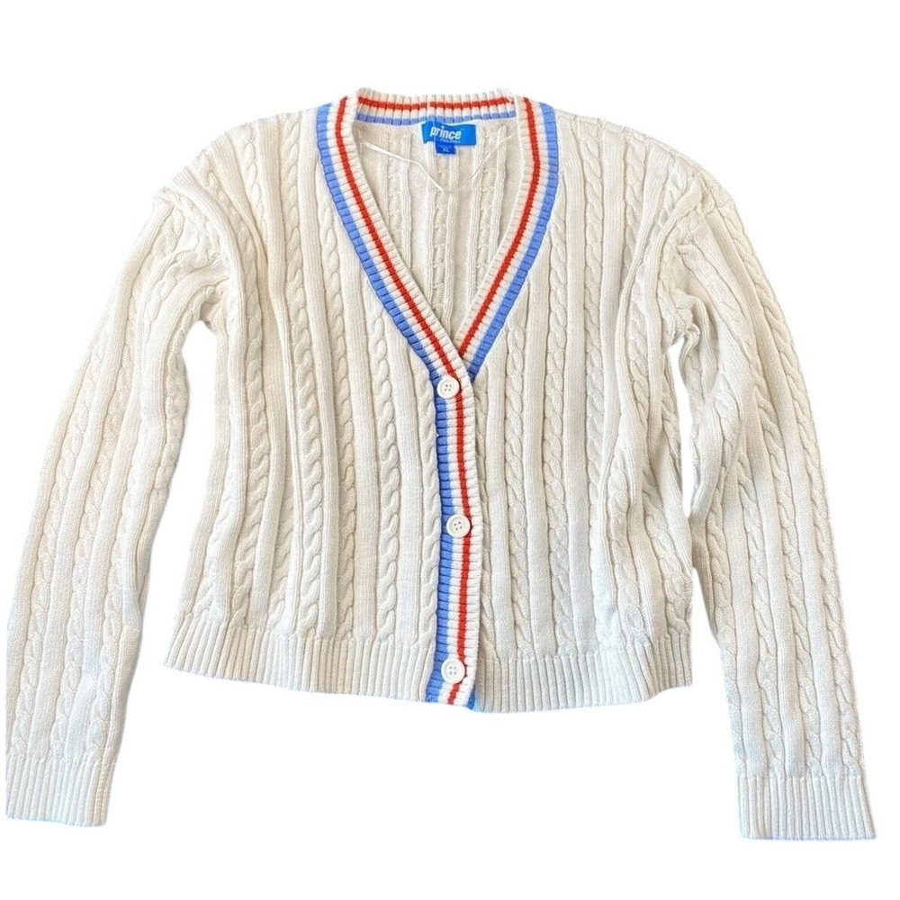 Prince Pickleball Cropped Button Down Long Sleeve Cardigan Cable Knit Sweater XL